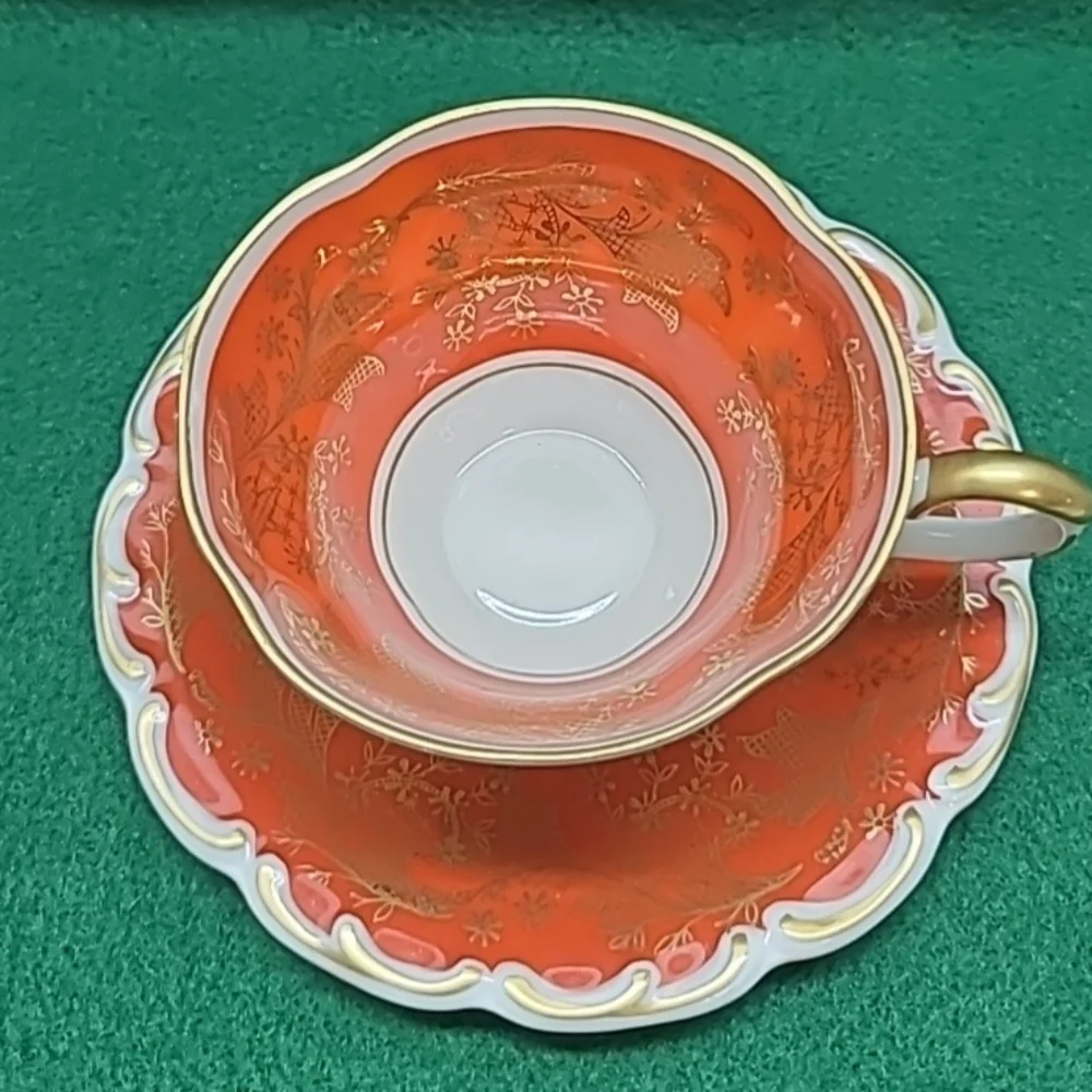 Tea Cup Saucer Lindner Kueps Bavaria Orange and White with gold Bone China‎ rare